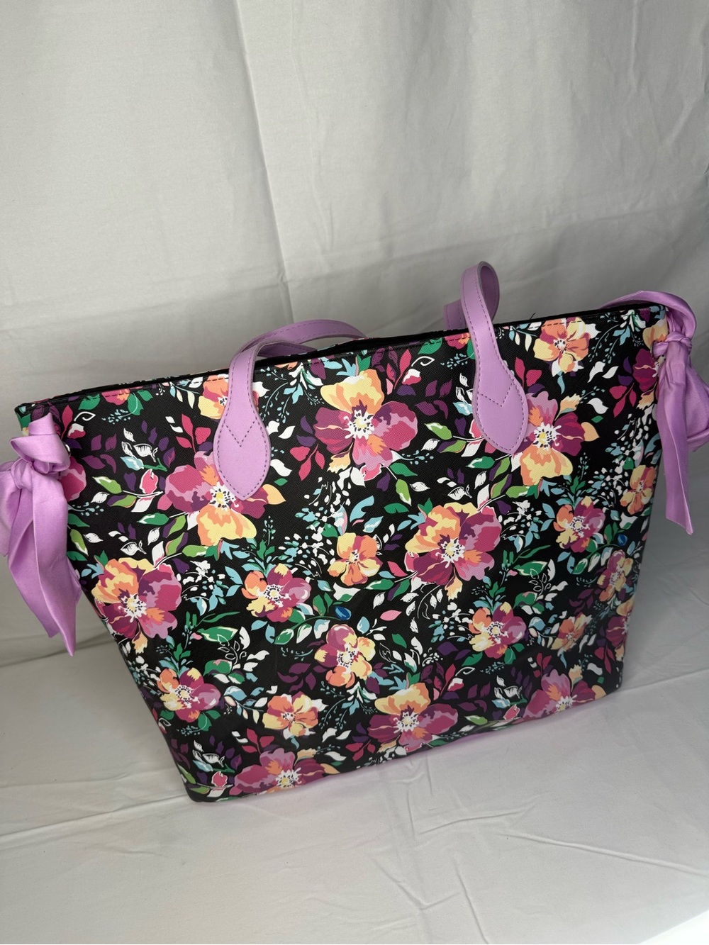 Floral Tote Bag with Lavender Handles - Women's Bag